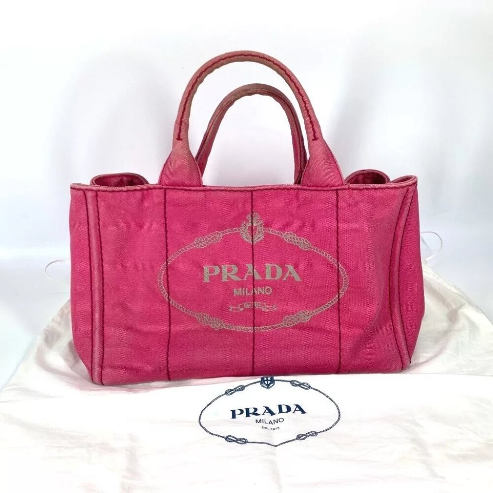 PRADA Canapa logo M Bag Hand Bag Tote Bag Canvas pink - Picture 16 of 16